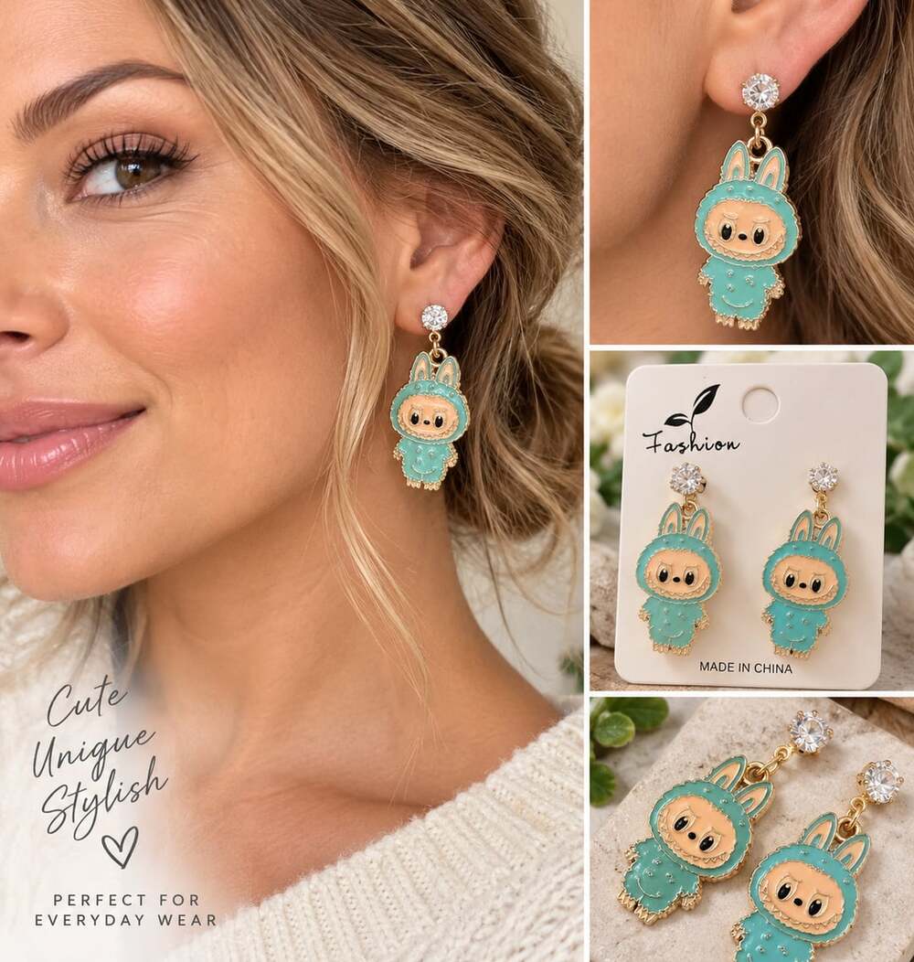 Labubu Monster Enamel Dangle Earrings Teal Blue